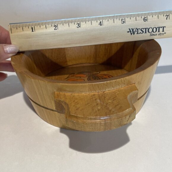 Vintage Hand Painted Wooden Bowl with Handles 6.5 in Orange Floral Treen OOAK - Picture 8 of 10